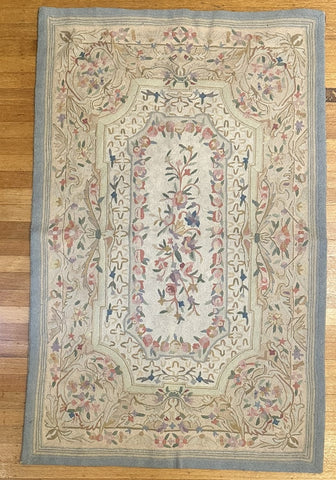 Rug. Hand Stitched. India 20th Century. Cream Pink and Blue Flowers. 47" x 30"