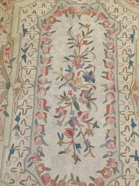 Rug. Hand Stitched. India 20th Century. Cream Pink and Blue Flowers. 47" x 30"