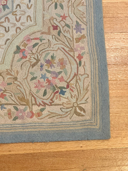 Rug. Hand Stitched. India 20th Century. Cream Pink and Blue Flowers. 47" x 30"