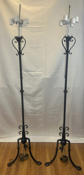 Pair Floor Lamps. Black Wrought Iron. Tripod Base with Pad Feet. Circa 1930s 68"