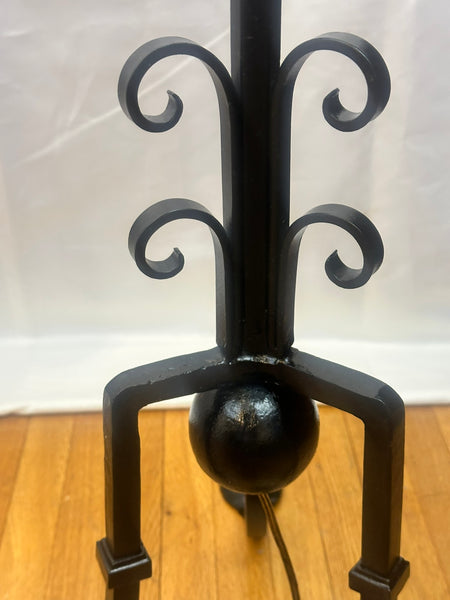 Pair Floor Lamps. Black Wrought Iron. Tripod Base with Pad Feet. Circa 1930s 68"