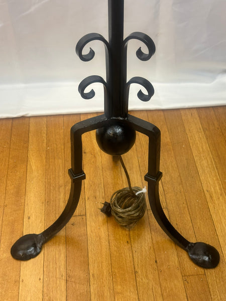 Pair Floor Lamps. Black Wrought Iron. Tripod Base with Pad Feet. Circa 1930s 68"