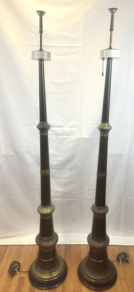 Pair Floor Lamps. Ceremonial Tibetan Dungchen Trumpet Copper and Brass. 19th C