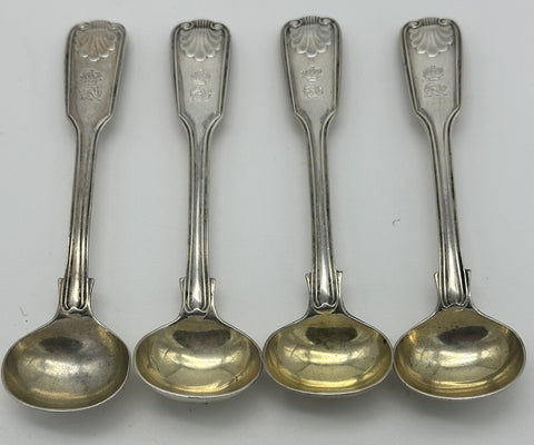 Set of Four Master Salt Spoons English Sterling. London 1853 Fiddle Thread Shell