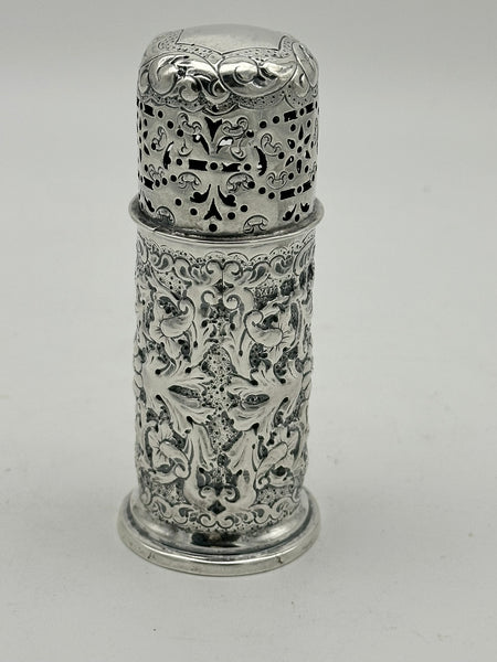 Small Muffineer or Caster Shaker. English Sterling Silver. Repousse. Birm. 1893